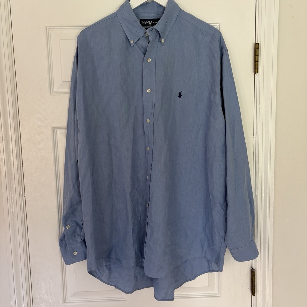 POLO RALPH LAUREN Large Blake Mens Button Down Linen Long Sleeve Shirt Blue